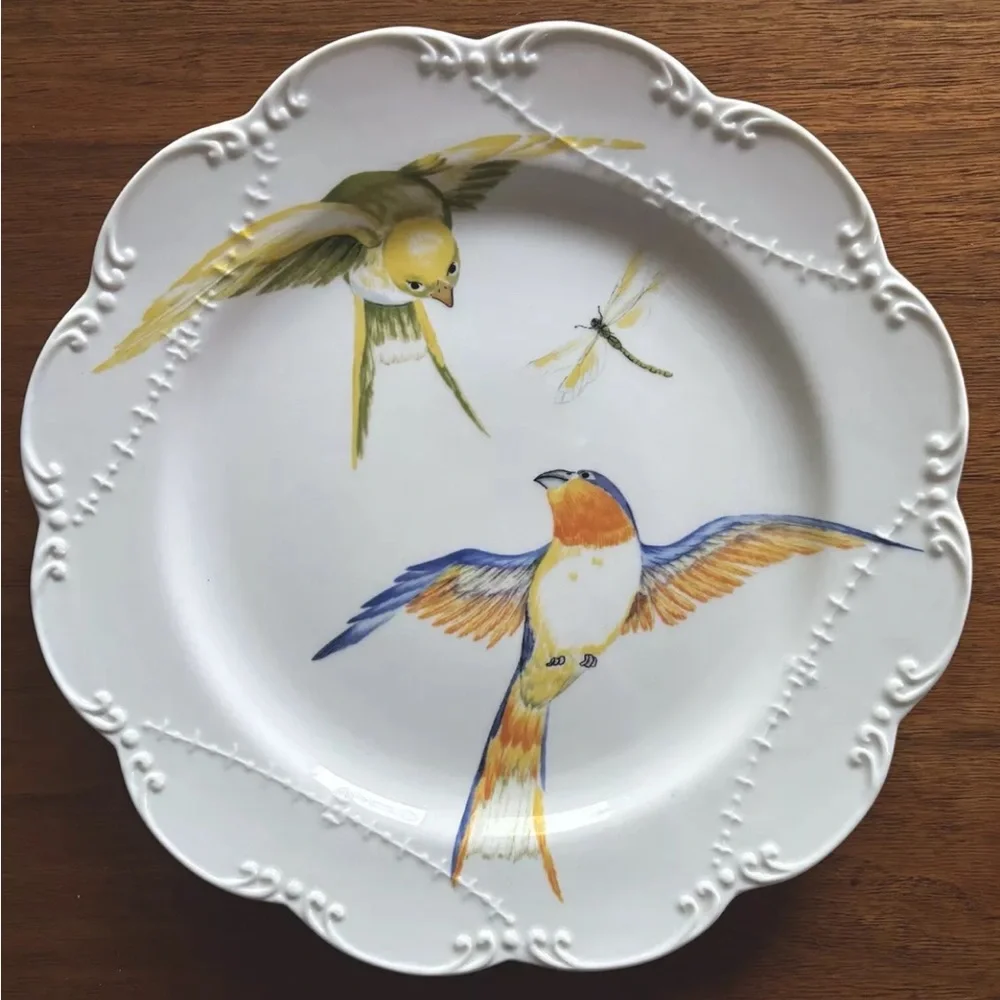 Decorative Scallop Plate with Birds and Dragonfly 10.5”